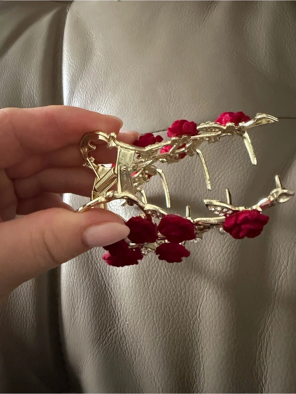 Romantic Red Rose Hair Claw Clip Gold Floral Rhinestone Updo Accessory